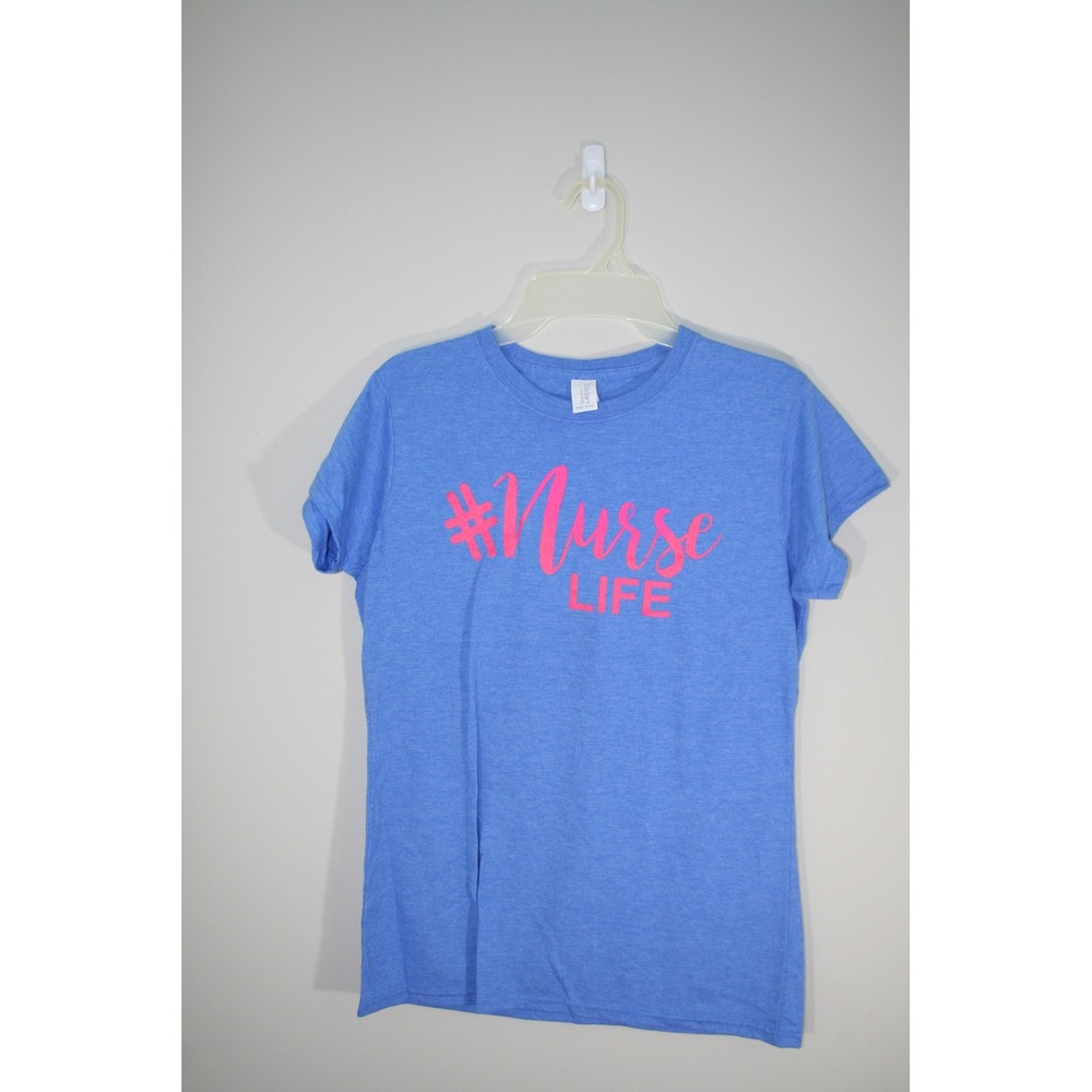 Gildan Softstyle Nurse Life Graphic T-Shirt Blue Pink Women Large Short Sleeve